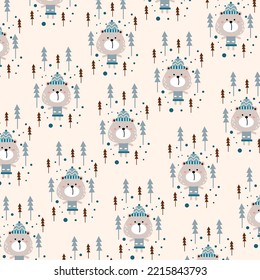 Cute bear pattern with fir tree in sunny season
