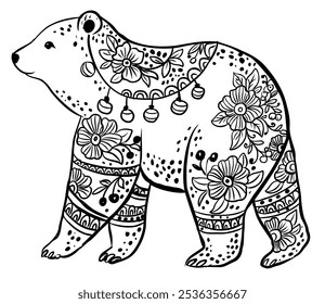 Cute Bear Pattern Linear Drawing Coloring Book Folklore Folk Illustration