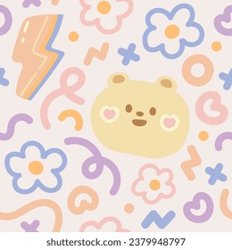 Patrón de oso lindo sobre fondo pastel. Diseño de carácter animal. Objetos abstractos. Ilustración vectorial de Kawaii. Impresiones Adorables.