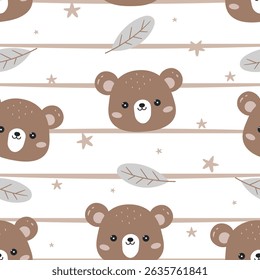 Cute bear pattern on stripe background. Cartoon animal background. Design for wallpaper, wrapping paper, print design, kids apparel, clothes. Vector illustration