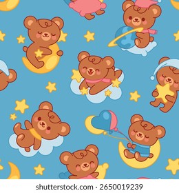 Padrão de urso bonito. Fundo perfeito com pequenos ursos. Desenhos animados crianças de pelúcia da floresta sentadas e dormindo na lua, nuvens, estrelas. Papel de textura de animais de bebê kawaii. Papel de parede vetorial.