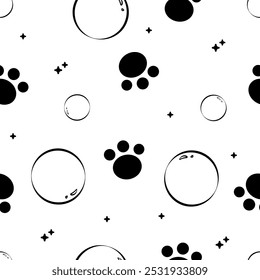 Cute bear paw and bubble seamless pattern. Bear footprint vector. For fabric, textile, wallpaper, wrapping paper, kids apparel, baby product. Vector illustration