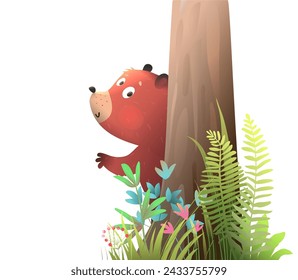 Cute bear peeping from the big tree trunk, waving. Bear animal character in forest nature, isolated clip art for kids. Vector hand drawn illustration in watercolor style for children.