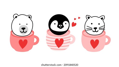 Oso lindo, pingüino y gato en tazas ilustraciones dibujadas a mano al estilo doodle aislado en fondo blanco para San Valentín