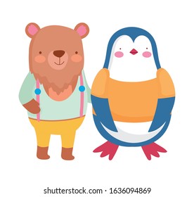 cute bear and penguin with clothes cartoon on white background