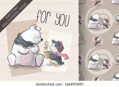 Cute bear with penguin illustration with seamless pattern