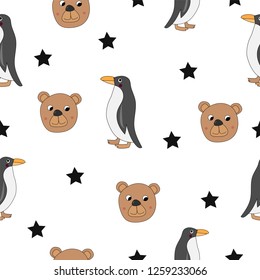 Cute bear and Penguin seamless pattern. Vector.