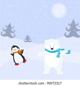 Cute bear and penguin skating