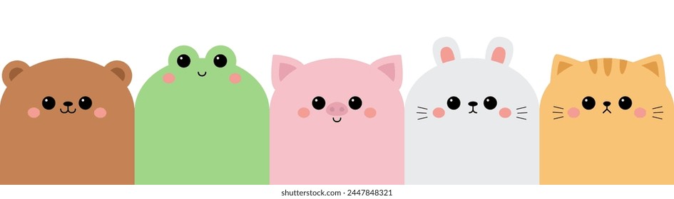Cute bear, pig, frog, cat kitten kitty, rabbit bunny hare, standing. Cute face icon set. Paper sticker. Cartoon kawaii animal character. Funny baby. Flat design. White background. Vector illustration