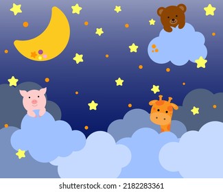 Cute bear, pig and giraffe sitting on a cloud. Cartoon character for invitation, poster, print and greeting card. Children's background with moon, stars, clouds. Vector illustration