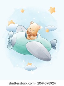 cute bear pilot of fancy sky transport complete with airplanes cartoon illustration, watercolor animals Isolated on white background, for cover book, print, baby shower, nursery decorations