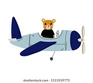 Cute Bear Pilot Flying on Retro Plane in the Sky, Humanized Animal Character Piloting Airplane Vector Illustration