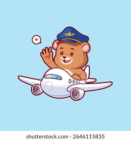Piloto de urso bonito voando um vetor de avião mascote logotipo. Ilustração do conceito do ícone de transporte animal.