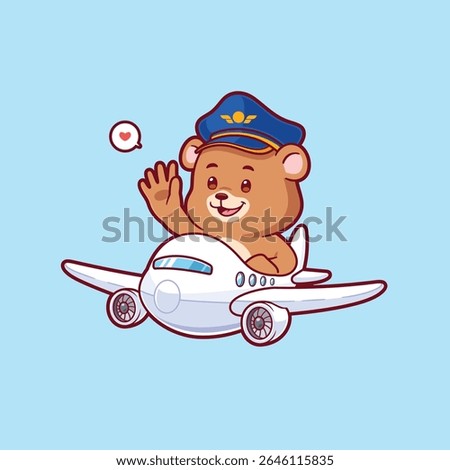 Cute bear pilot flying a plane vector mascot logo. Animal transportation icon concept illustration.