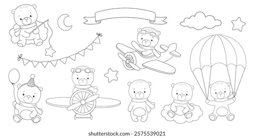 Cute bear pilot, moon, clouds and flags garland line hand drawn illustrations set isolated on white background for coloring book or page