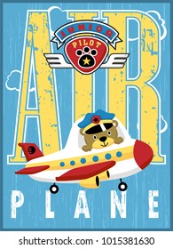 Cute bear pilot on airplane with flight logo on "air plane" typography background, vector cartoon illustration