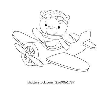 Cute bear pilot on airplane, outline hand drawn illustration isolated on white background for coloring book