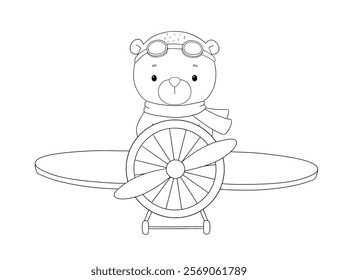 Cute bear pilot on airplane, line hand drawn illustration isolated on white background for coloring book