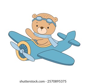 Cute bear pilot on airplane, vector hand drawn illustration isolated on white background for kids