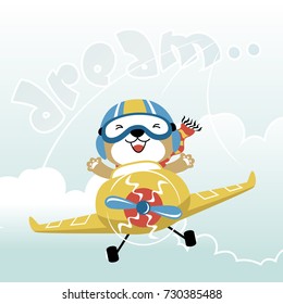 Cute bear pilot on airplane, vector cartoon illustration