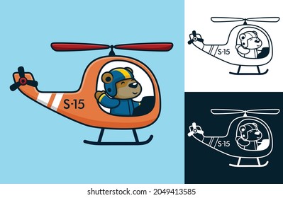 Cute bear in pilot uniform on helicopter. Vector cartoon illustration in flat icon style