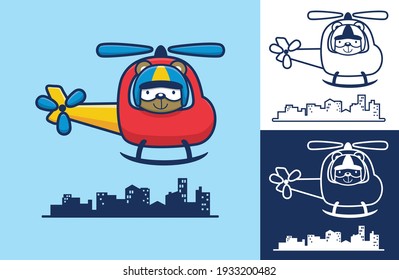 Cute bear piloted helicopter flying across buildings. Vector icon illustration