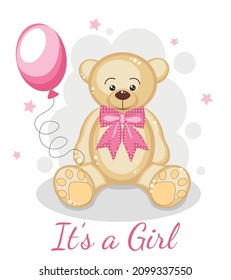 Cute bear with pink balloon and stars. Background for  baby shower, posters, invitation, postcard, greeting card, labels.