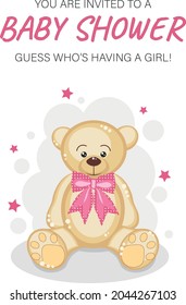 Cute bear with pink bow. Baby shower invitation card. For girls