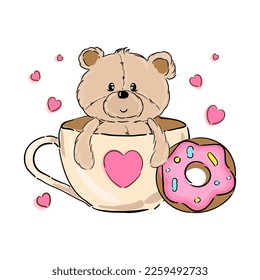 Cute bear with pink donut, cartoon hand drawn vector illustration. Can be used for t-shirt print, kids wear fashion design, baby shower invitation card.