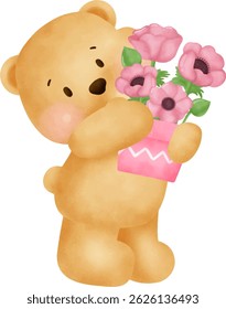 Cute bear with Pink Flower. Choco bear, baby bear. 