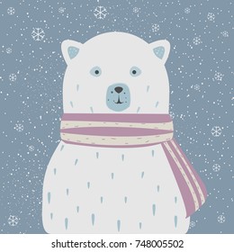 Cute Bear in pink scarf on a warm winter day. Vector Illustration