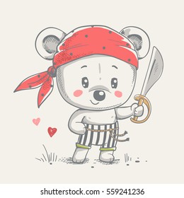 Cute bear pirate cartoon hand drawn vector illustration. Can be used for t-shirt print, kids wear fashion design, baby shower invitation card.