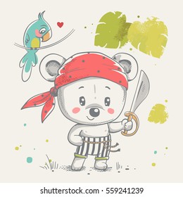 Cute bear pirate cartoon hand drawn vector illustration. Can be used for t-shirt print, kids wear fashion design, baby shower invitation card.