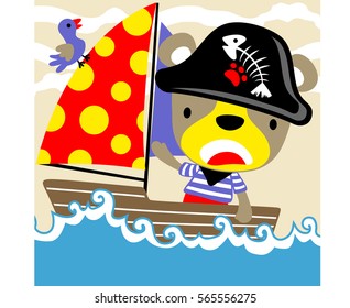 Cute bear in pirate costume on sailboat with a bird, vector cartoon illustration
