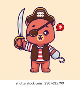 Cute Bear Pirate Holding Sword Cartoon Vector Icon Illustration. Animal Holiday Icon Concept Isolated Premium Vector. Flat Cartoon Style