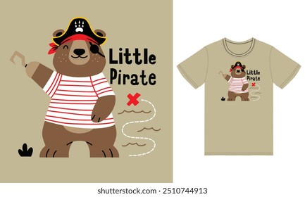 Cute bear pirate illustration with tshirt design premium vector the Concept of Isolated Technology. Flat Cartoon Style Suitable for Landing Web Pages,T shirt, Flyers, Stickers