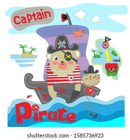 Cute bear pirate on a ship at sea.Isolated objects on white background. Vector illustration. Design concept for children print