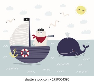 Cute bear pirate on a ship, sailboat, whale, gulls. Childish sea, ocean landscape. Hand drawn vector illustration. Scandinavian style flat design. Concept for nautical kids print, poster, wallpaper.