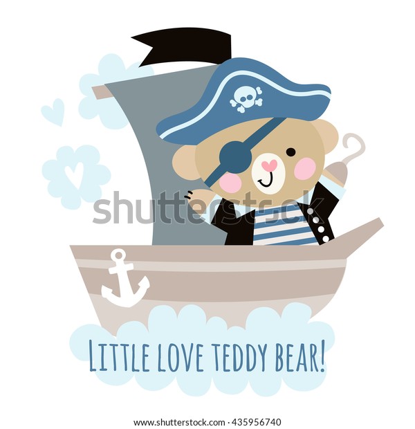 Cute bear pirate on a ship at sea. Children\'s\
illustration with a pirate\
bear.