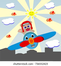 cute bear with plane. vector cartoon illustration