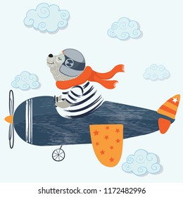 Cute bear with plane, vector design.T-shirt graphic illustration for kids.Invitations, greeting cards, birthday celebrations and postcards for special occasions.Animal print.