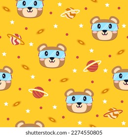 Oso lindo con fondo de patrón de vectores de dibujos animados planetarios.