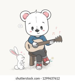Cute bear play a guitar cartoon hand drawn vecter illustration. Use for Happy birthday invitation card, T-shirt print, baby shower.
