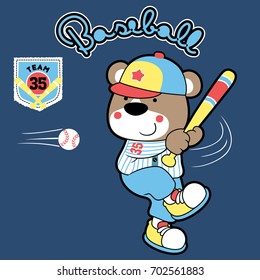 Cute bear playing baseball, vector cartoon illustration