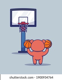 Cute bear playing basketball alone