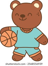 A Cute bear playing basketball in blue outfit, smiling happily
