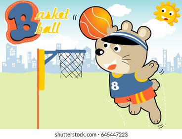 Cute bear playing basketball on buildings background, smiling sun behind clouds, vector cartoon illustration