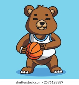 Cute Bear Playing Basketball. Vector Cartoon Illustration. Animal Character Icon Concept Isolated Premium Vector. Flat Vector Illustration. Doodle Cartoon Illustration Style. Suitable for Any Project