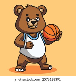 Cute Bear Playing Basketball. Vector Cartoon Illustration. Animal Character Icon Concept Isolated Premium Vector. Flat Vector Illustration. Doodle Cartoon Illustration Style. Suitable for Any Project