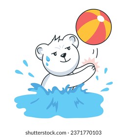 Cute bear playing with beach ball, flat style sticker 